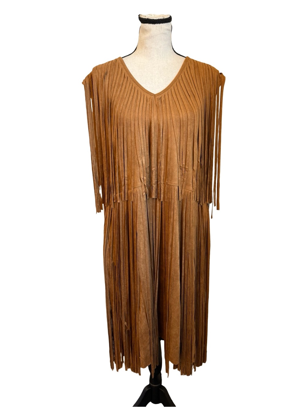 NWT Vocal Faux Camel Suede Fringe Dress 1X Western Festival Sleeveless MSRP $50